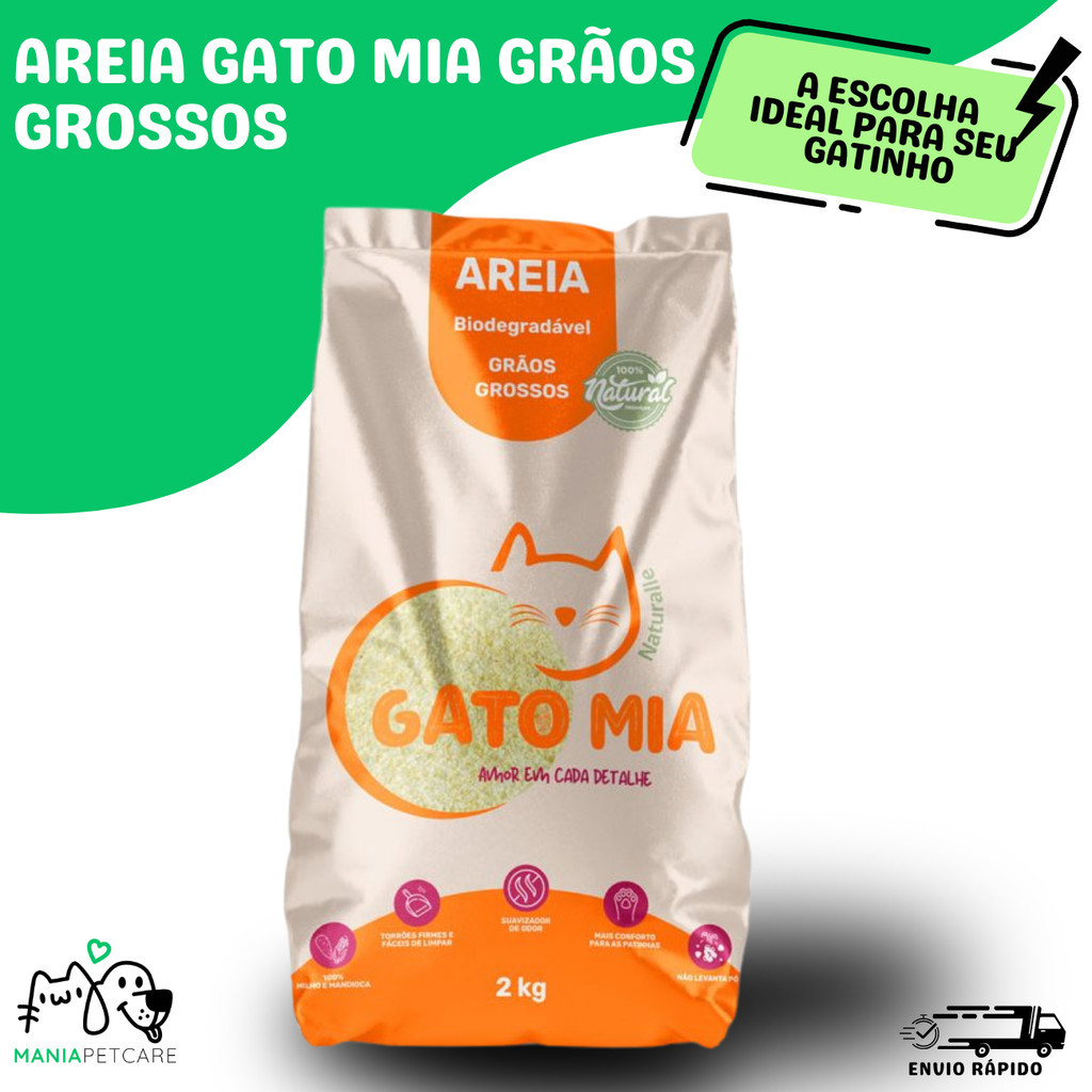 Areia Higiênica Biodegradável Gato Mia 2kg Grãos Grossos