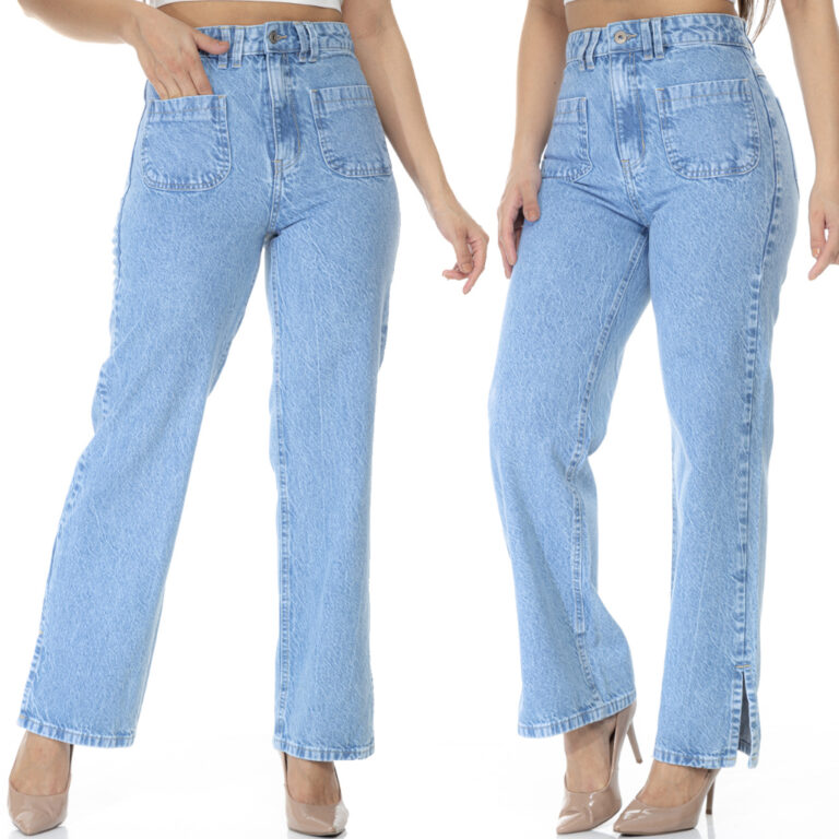 Calça Wide Leg Pantalona Jeans Reta Feminina Cint