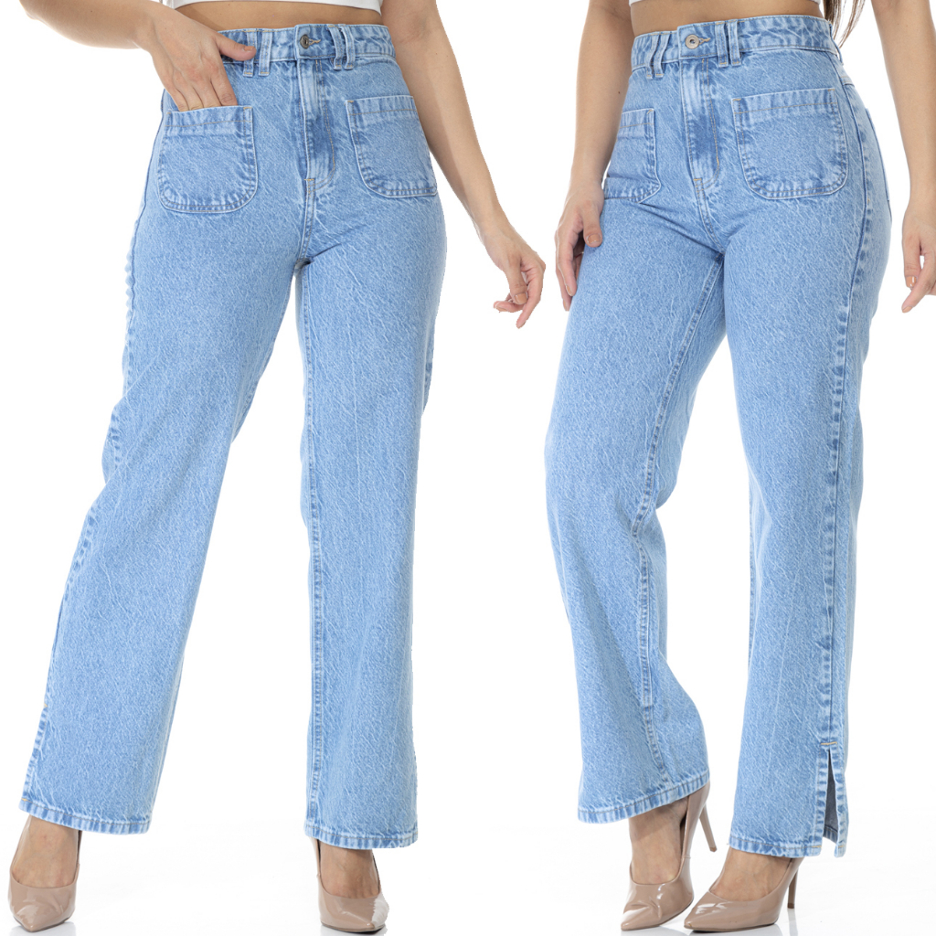 Calça Wide Leg Pantalona Jeans Reta Feminina Cintura Alta Levanta Bumbum Com Bolso Chapado Moda Blog