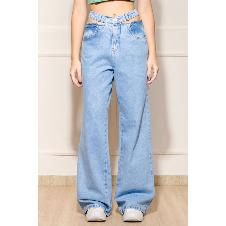 Sawary Calça Feminina Jeans Wide Leg Vazada Azul
