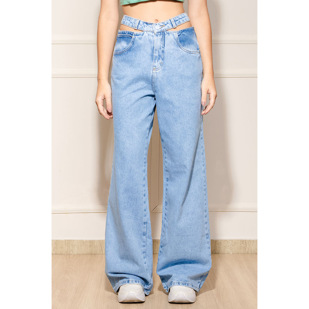 Sawary Calça Feminina Jeans Wide Leg Vazada Azul
