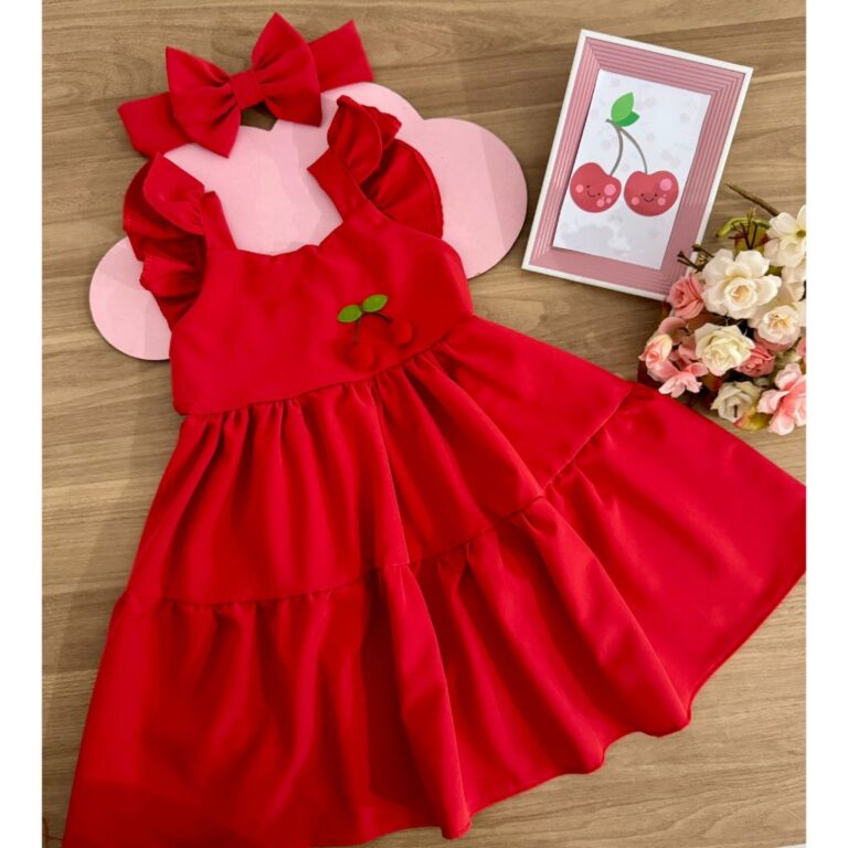 Vestido cereja cerejinha Infantil Menina Luxo
