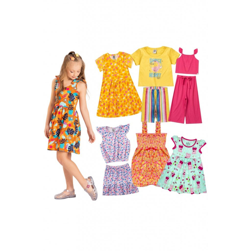 Kit Sortido 12 Peças de Roupas Infantis Feminino Verão – 6 Camisetas + 6 Bermudas