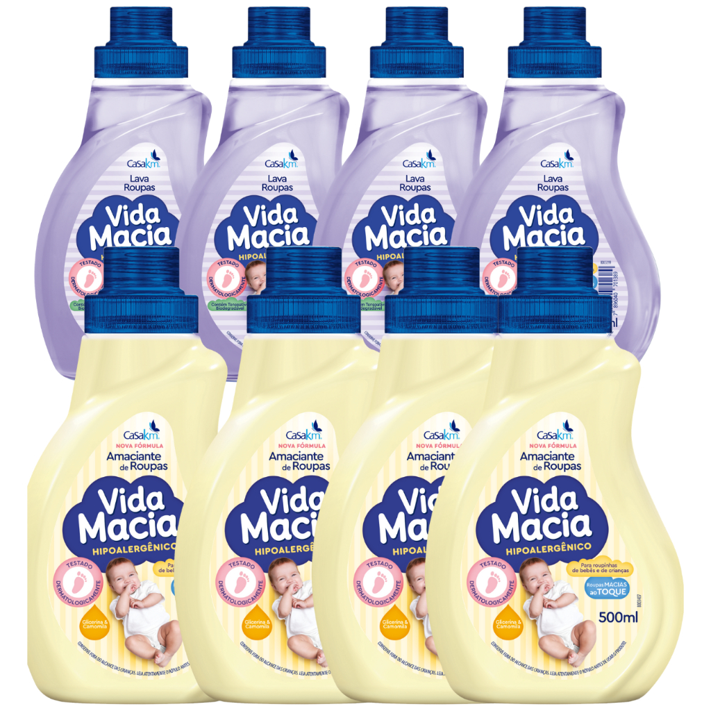 Kit Vida Macia 500ml Bebê 4 Lava Roupas liquido + 4 Amaciante Camomila