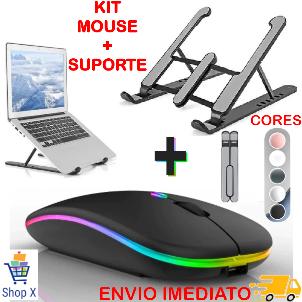 Kit Mouse Sem Fio Recarregável mais Suporte Notebook Tablet Regulável e Mousepad Home Office