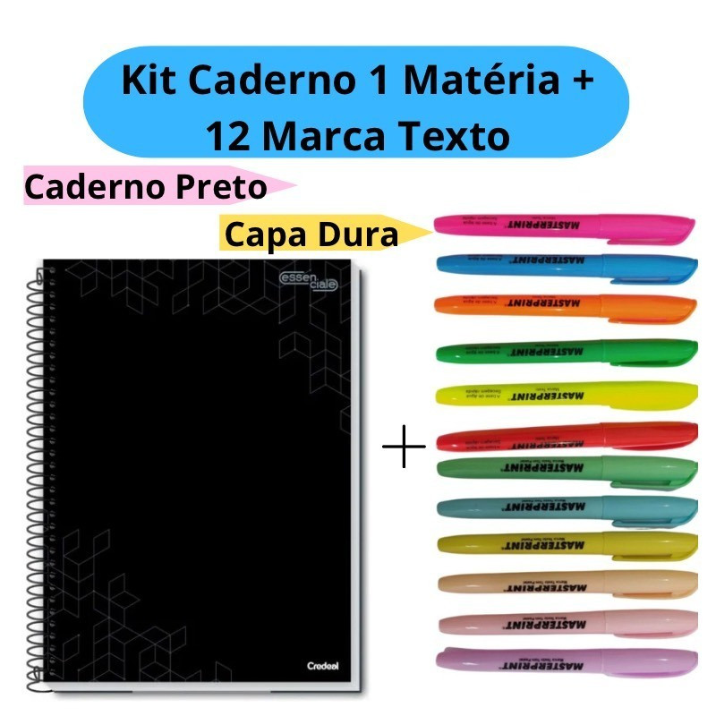 Kit 12 Marca Texto (6 Neon + 6 pastel) + Caderno Universitário 1 Matéria Caderno Preto Capa Dura Esc