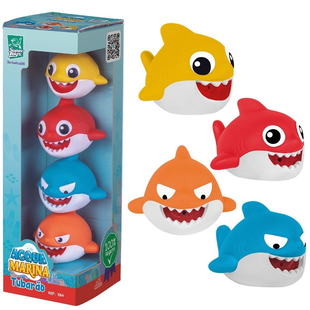Brinquedos Para Banho Conjunto Acqua Marina 4 Tubarões Para Bebês Vinil Macio Atóxico – Super Toys