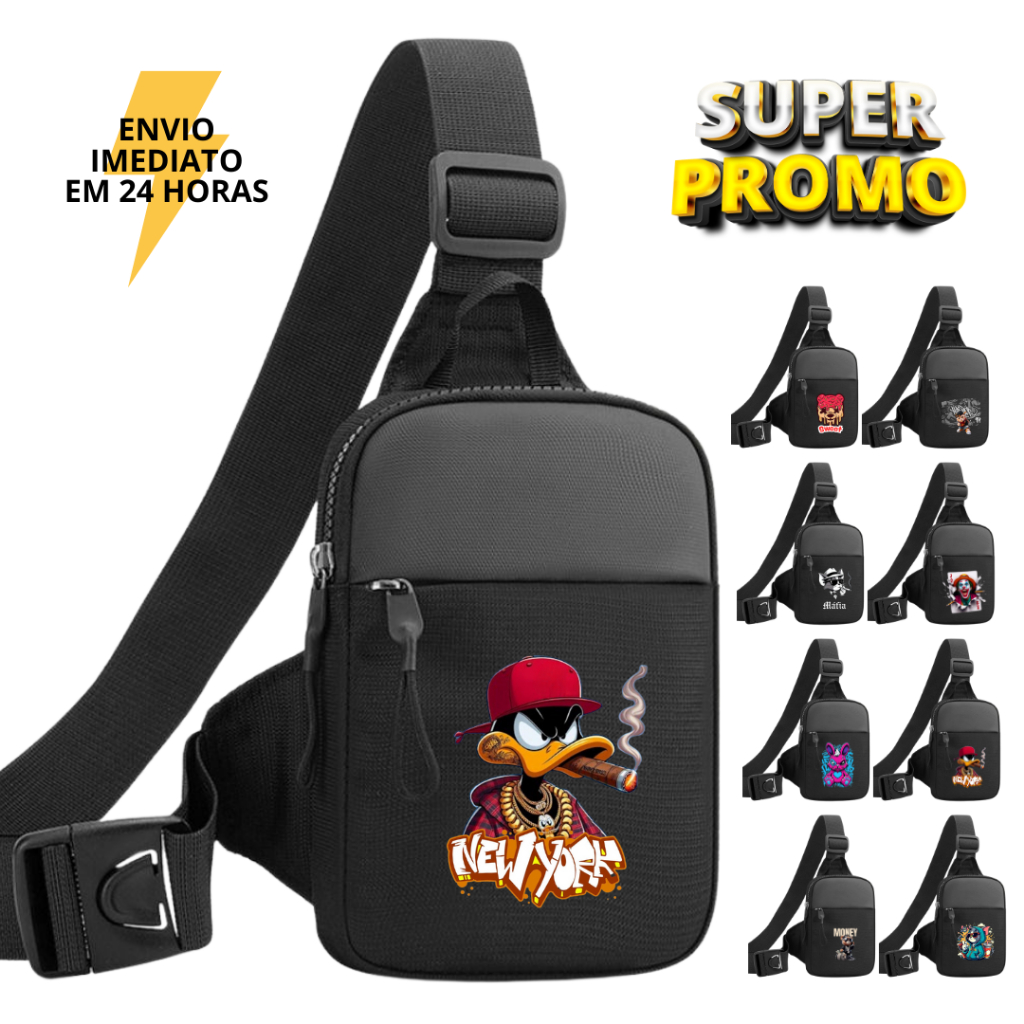 Shoulder Bag masculina preta Bolsa Transversal Pequena Impermeável Unissex 3 Compartimentos e Alça R