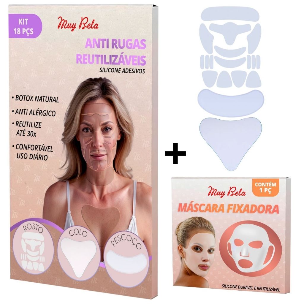 Kit Adesivo Anti Rugas Muy Bela 19 Peças  Rosto, Pescoço, Colo + Máscara Facial Reutilizável 30x Sil