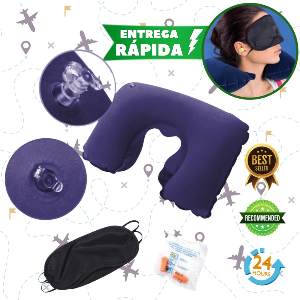 Kit De Viagem Travesseiro Inflável Mascara De Dormir E Protetor Auricular para viajens descanse com