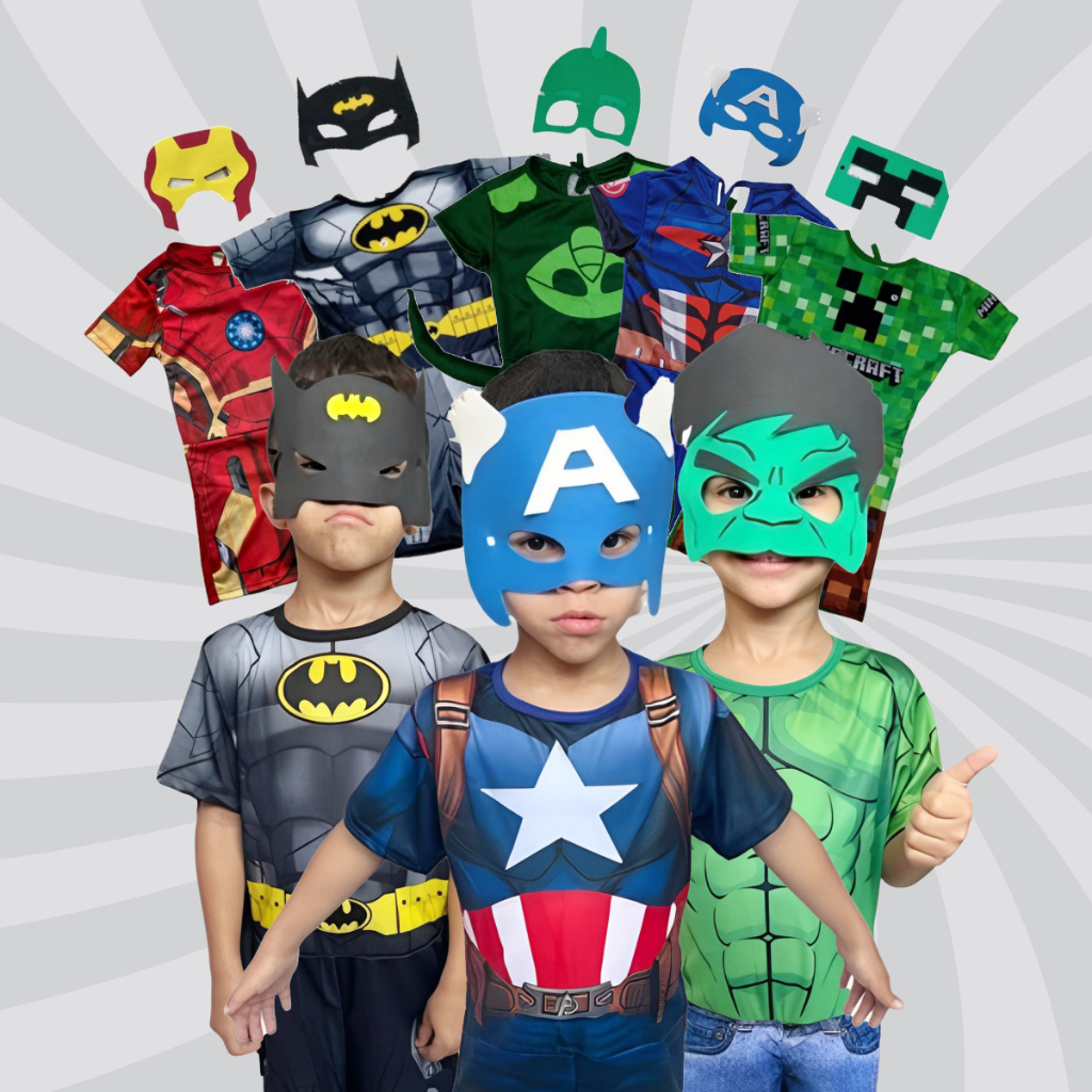 Fantasia Infantil Masculina Herói com Máscara Roupa Curta para Festa e Brincar