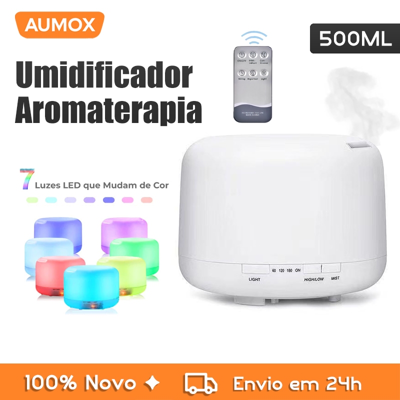 Umidificador Difusor Aromatizador 500ml Ultrassônico Estilo Branco com Led 7 cores com controle