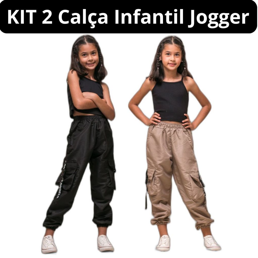 Kit 2 Calça Feminina Infantil Menina Estilosa Cargo Jogger Tactel Street