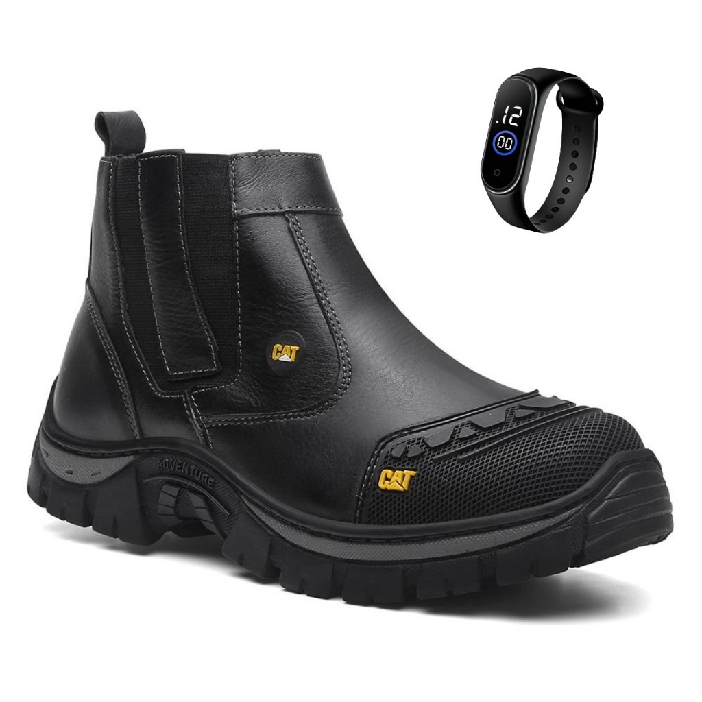 Bota de Segurança Botina CAT Bico de PVC Masculina Couro Super Confortável Palmilha em Gel