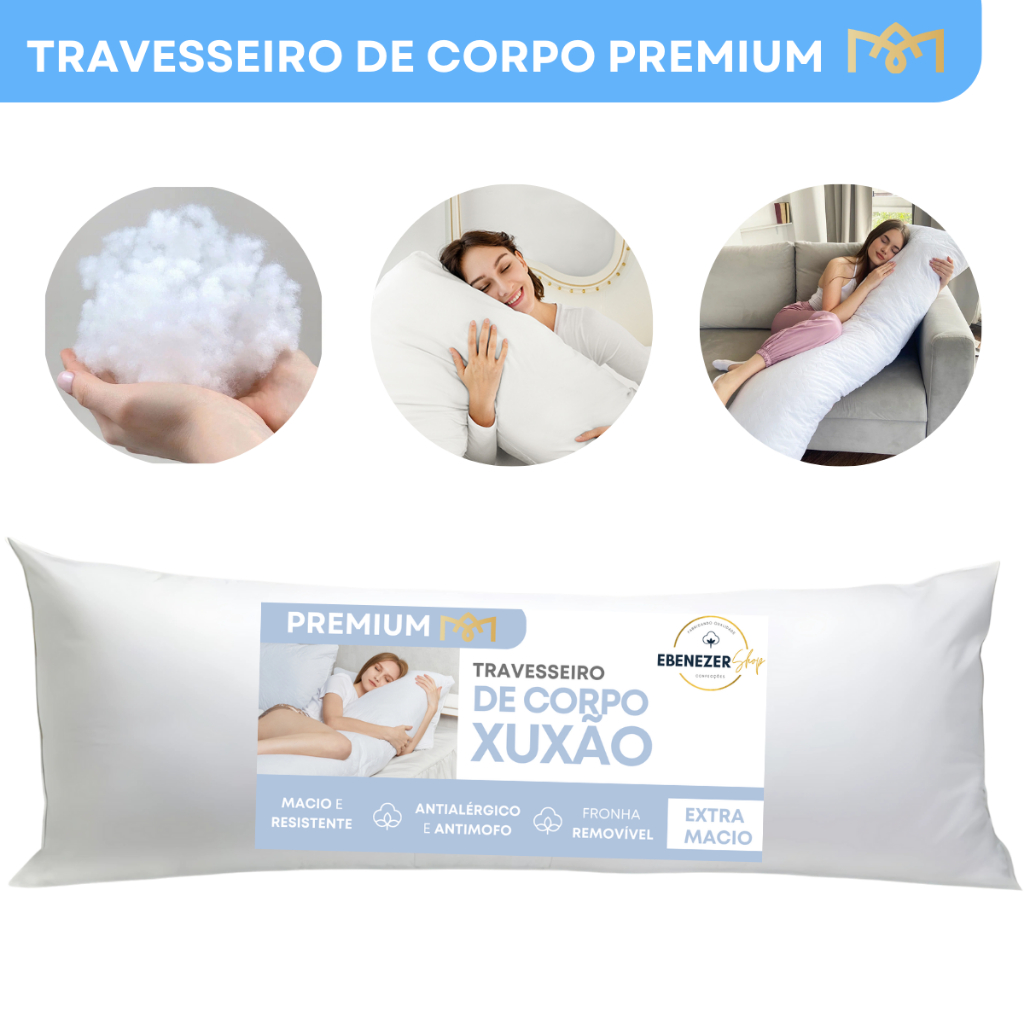 Travesseiro Corpo Xuxão Fibra Siliconada Antialérgico Macio Antimofo Gestante Alívio Coluna Premium