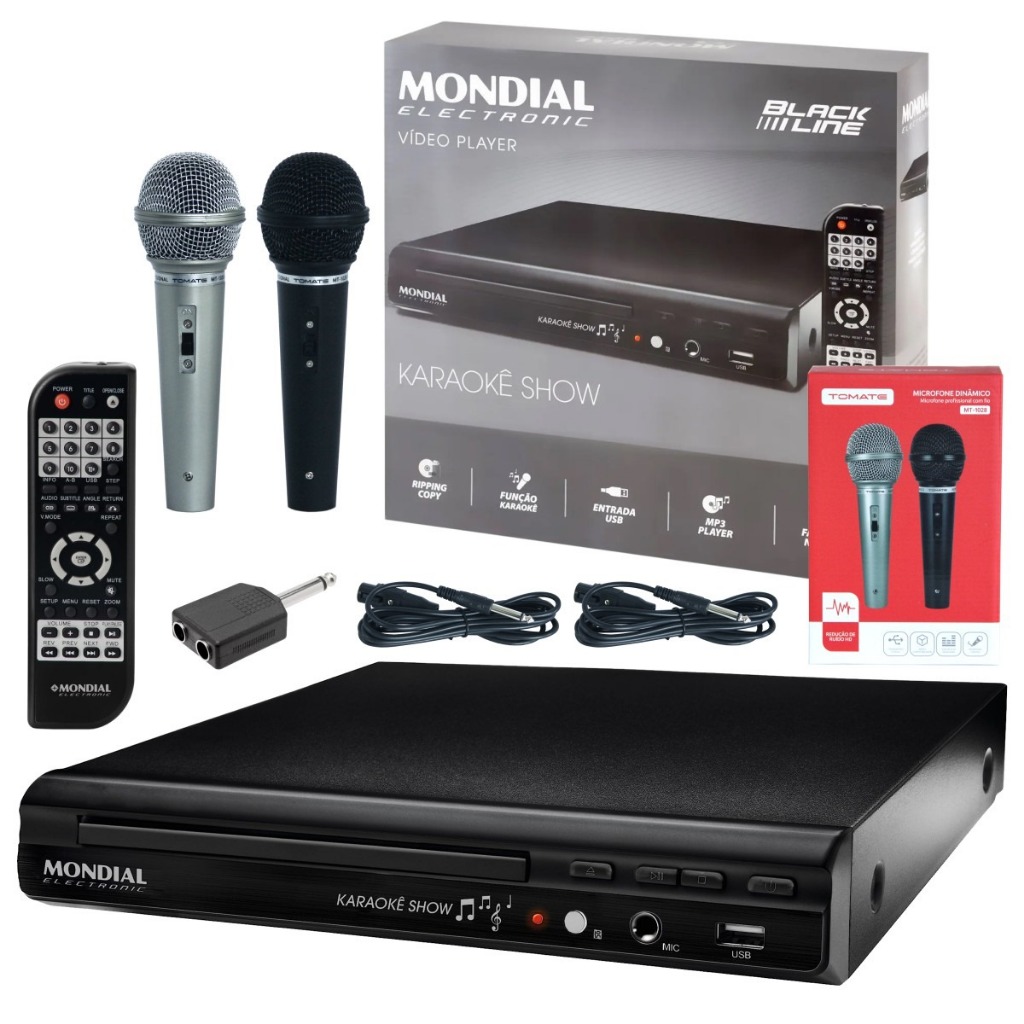 Kit Videoke Karaoke Mondial Video Player C/ 02 Microfones e Controle Bivolt