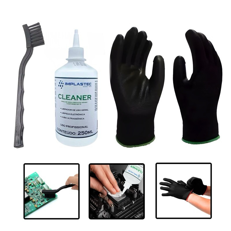 Kit Luvas Antiestáticas + Escova ESD + Cleaner Implastec 99,5% 250ml –  Limpeza de Eletrônicos Placa