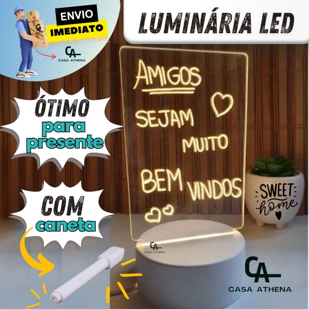 Linda Luminaria Led De Escrever Recados Com Caneta Apagador Lousa Quadro Mesa Anotações com USB