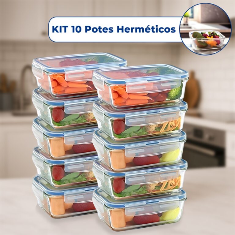 Kit 10 Pote de Vidro Hermético Retangular 4 Trava