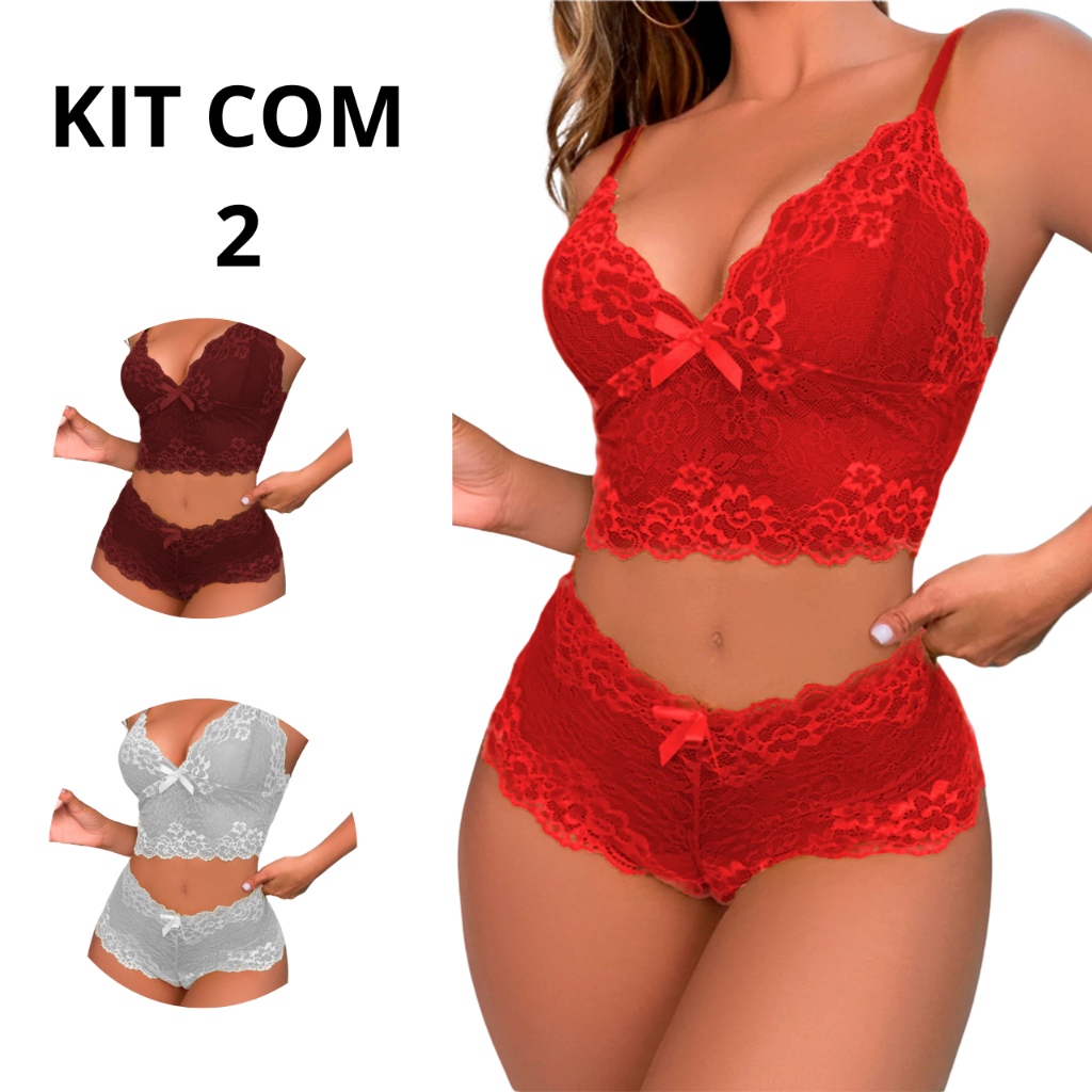 Kit 2 Conjunto Espera Marido Sexy De Renda Sensual Renda de Microfibra Com Forro Sem Bojo