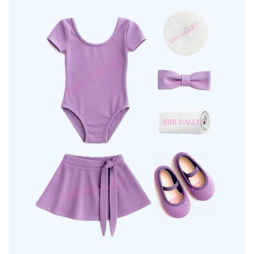 Kit 6 Itens (Ballet/Jazz Infantil) – Collant Com Manga, Saia de Transpassar, Sapatilha, Faixa, Rede