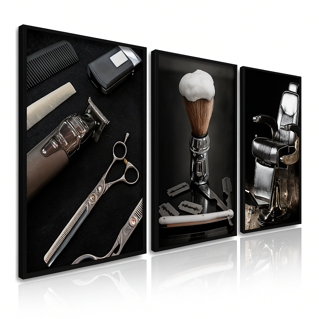 Kit 3 Quadros Decorativos Luxo Barbearia Barber Cabelo 60×40