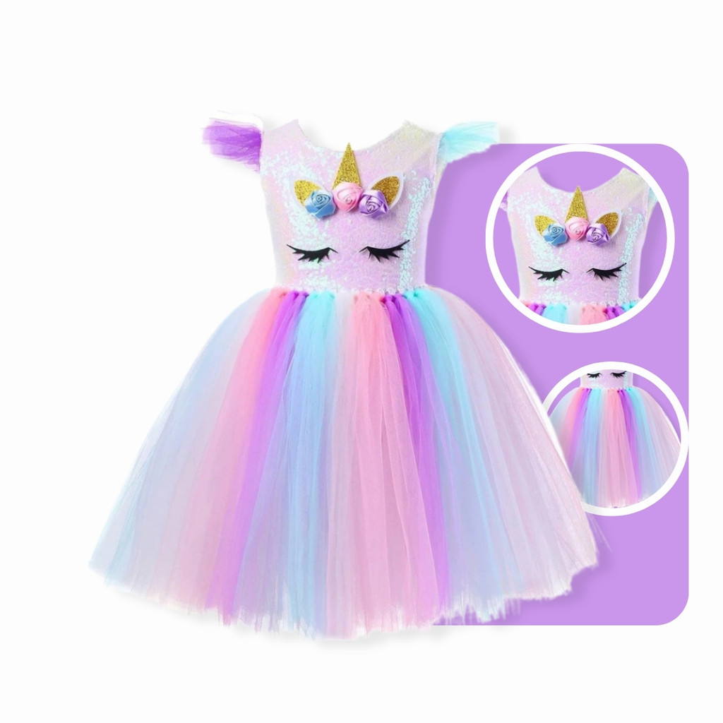 Vestido Infantil Unicórnio e Tiara com Trança e Asas Arco-Íris  Carnaval e Festas