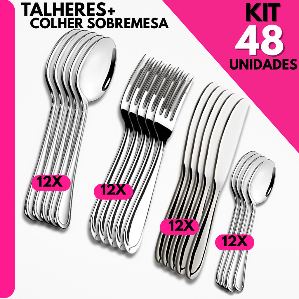 Combo Perfeito Familia 48 Un de Talheres; Colheres, Garfos, Facas e Colheres de Sobremesa para Janta