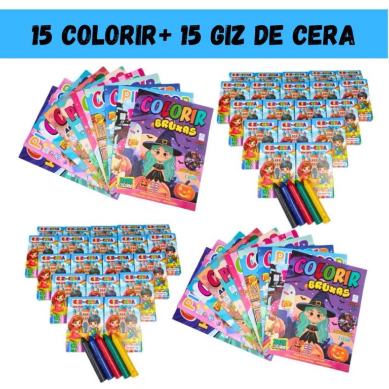 Kit 15 Revistinha Livro de Colorir + 15 Cx Giz de 