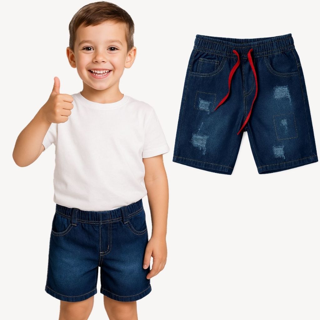 Bermuda Jeans Infantil Masculina com Elastano Rasgada Premium Juvenil Shorts infantil Menino Jeans