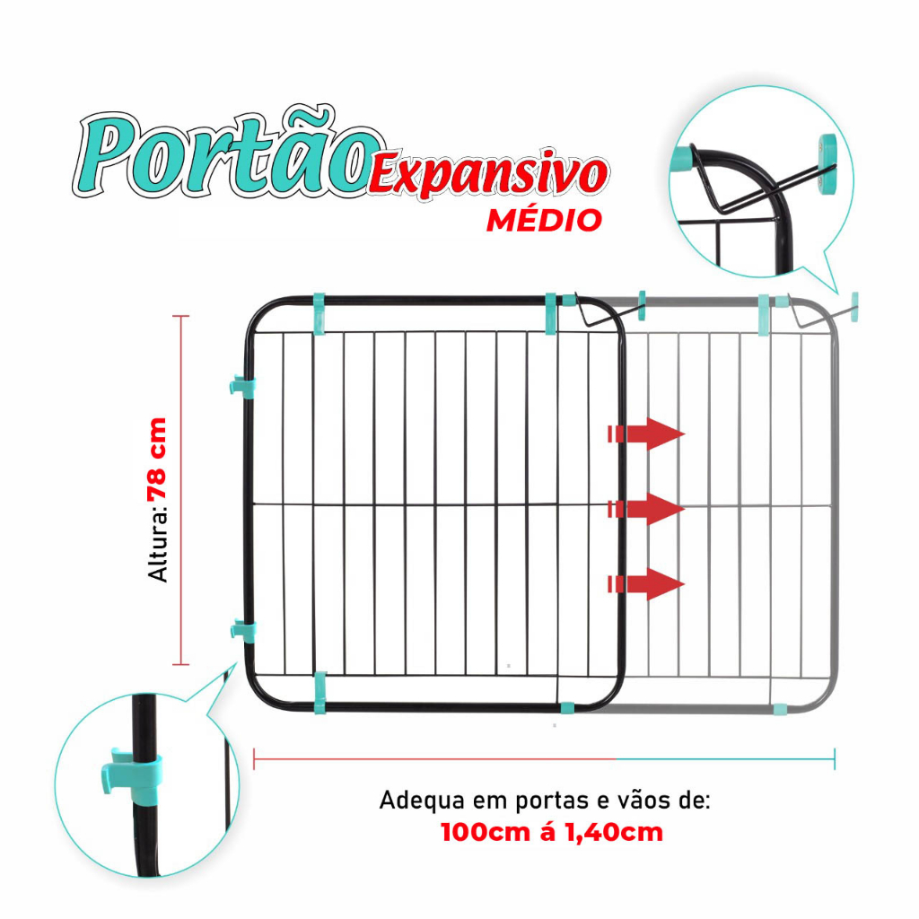 Portão Expansivo Médio 100cm a 140cm PetÚtil Proteção Pet Cachorro ou Criança Kids