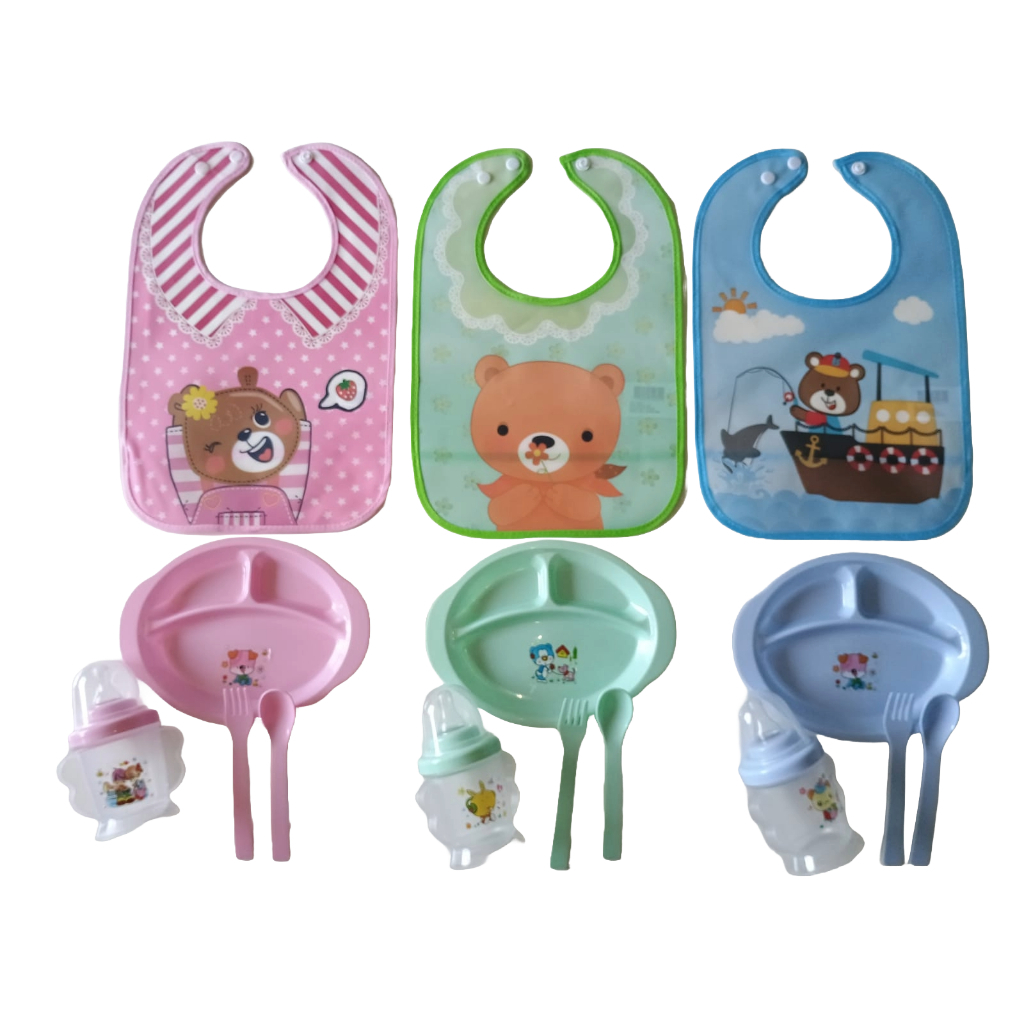 Kit Alimentação Bebê Completo Prato Divisória Copo Bico Mamadeira Talheres Babador c/ Bolso