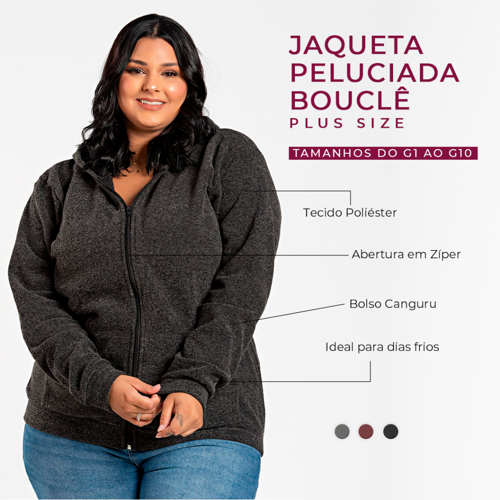 Jaqueta Feminina Peluciada Bouclê Plus Size G1 a G10 Tecido Poliéster Zíper Frontal e Bolso Canguru