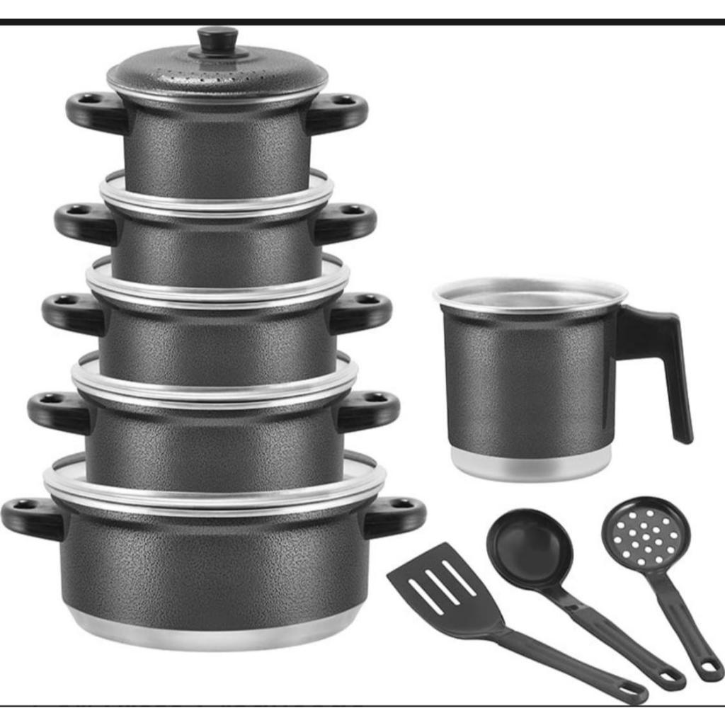 Jogo de Panelas Preto Craqueado Kit 09 Pçs Caçarola+Leiteira (Caneco)+ Brinde Kit Talheres