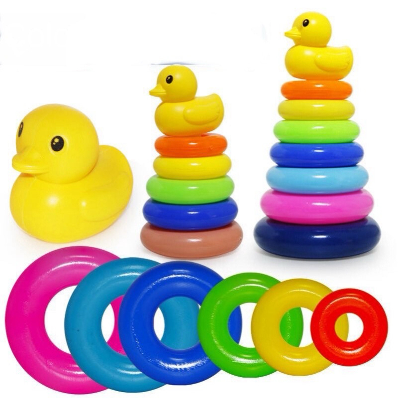 Torre de Argolas Brinquedo Educativo Empilhar Patinho Bebê Rainbow Torre 0-6 Anos
