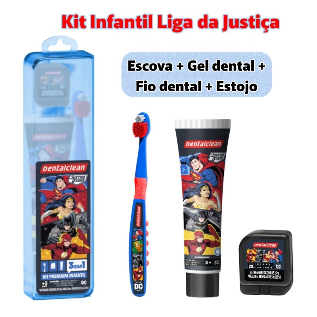 Kit infantil Escova de dente + Gel dental + Fio dental Liga da Justiça