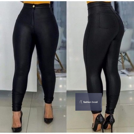 Calça Legging Disco Cintura Alta Cirre Couro Fake