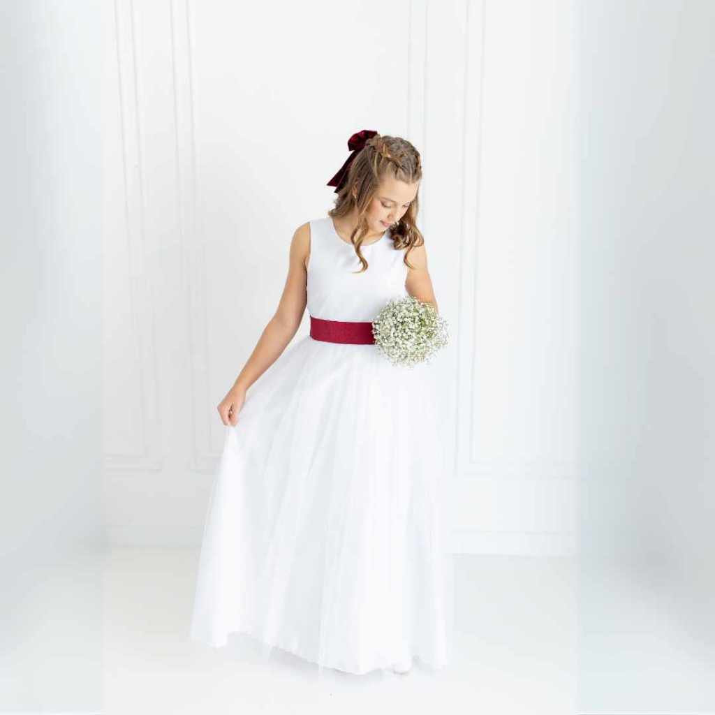 Vestido Longo Branco Dama De Honra Faixa Vermelho Marsala Infantil com Saia Tule REF4072