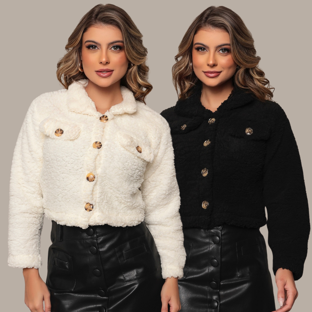 Casaco Teddy curto Jaqueta de botão Moda Feminino Felpudo Pelo Urso pelos urso eloquencia Blogueirin