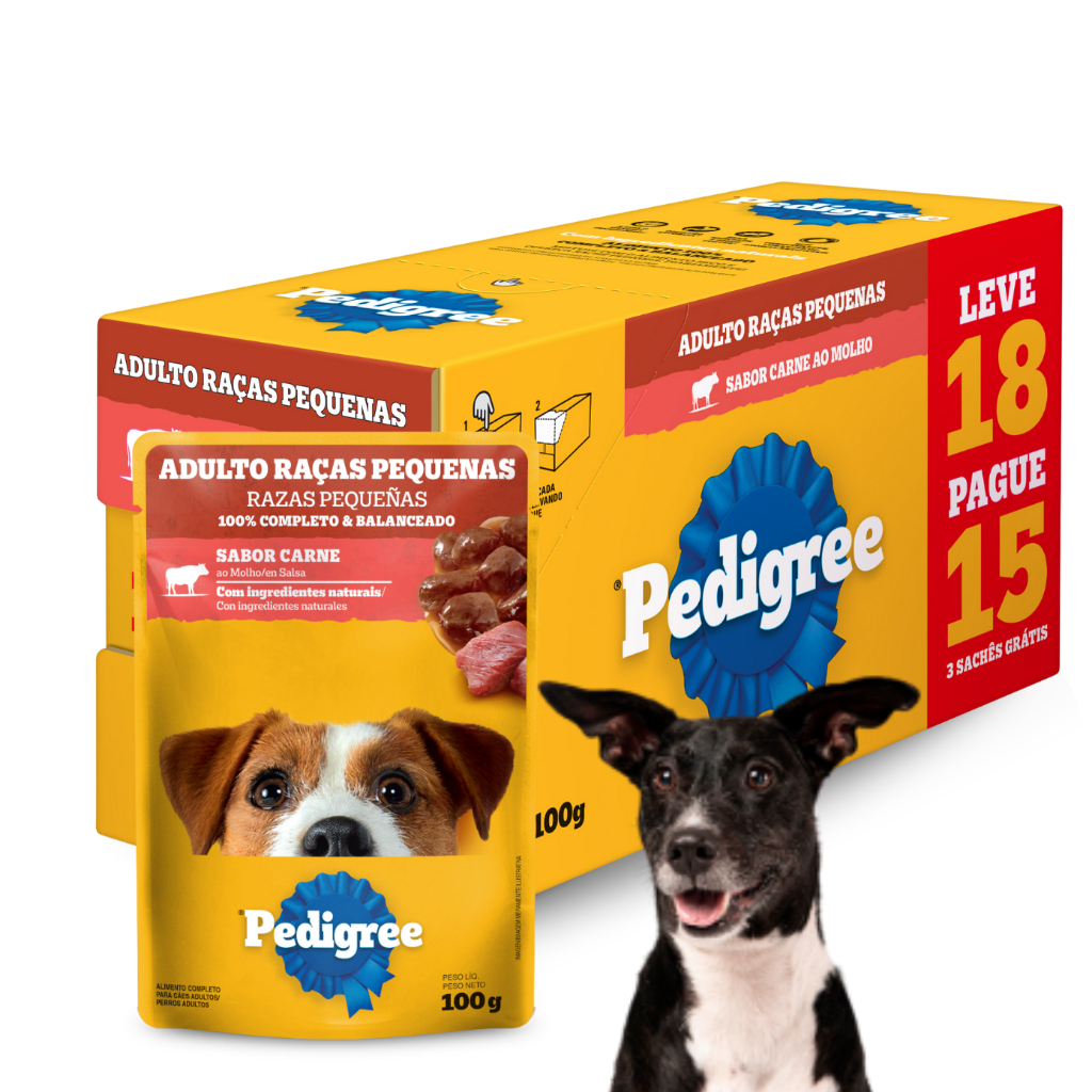 Kit Sache Pedigree Ração Úmida 18 Unidades Raças Pequenas Sabor Carne 100g Display