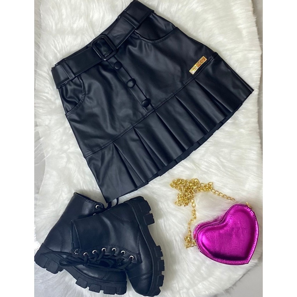 Saia Infantil  Menina Bloguerinha Couro fake Fashion Verão Inverno Momento Botão