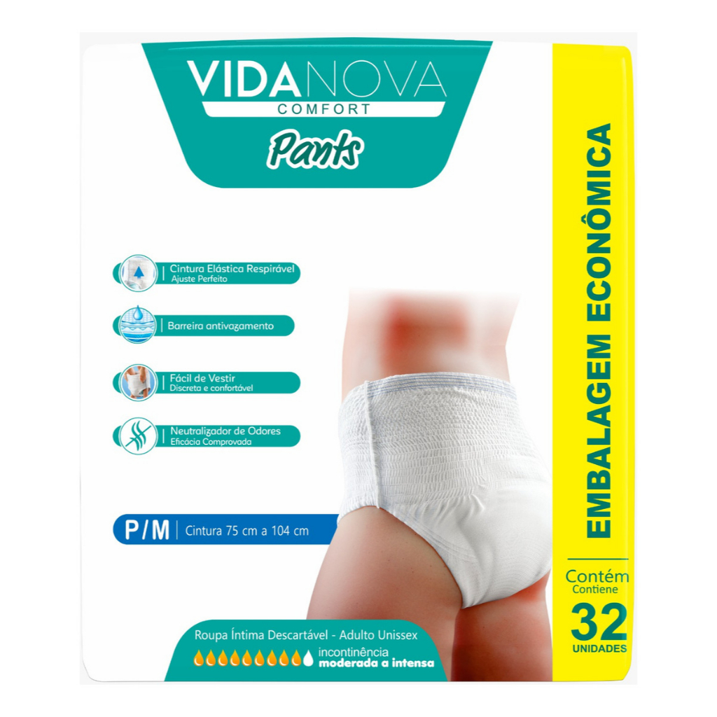 Fralda Calça Geriatrica Pants Vida Nova P/M G/XG PACOTÃO 32 UNIDADES Incontinecia Moderada /Intensa