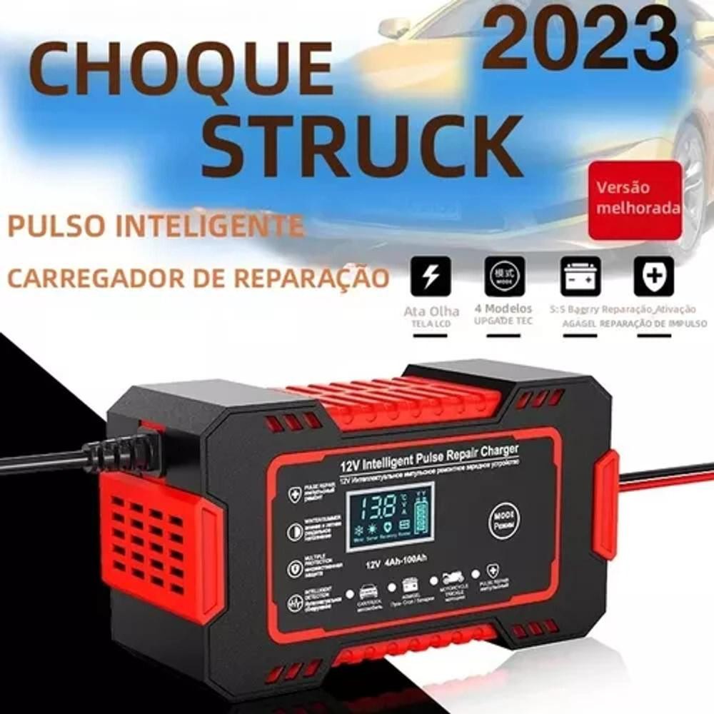 Carregador inteligente e reparador de bateria 12v moto carro ate 100ah Bivolt