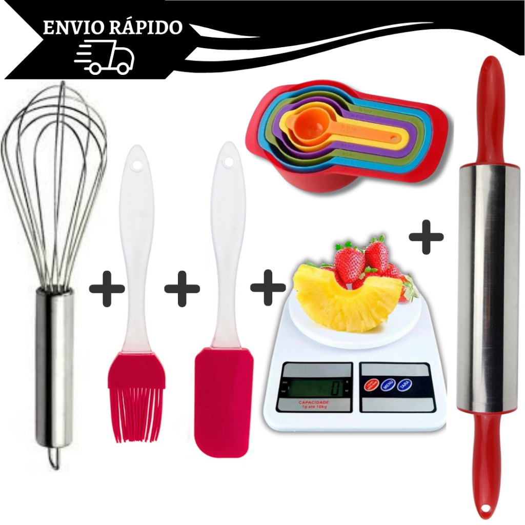 Kit 6 Itens Para Confeiteiro Rolo + Espátula + 6 Colheres Medidoras + Pincel + Fuê + Balança Digital