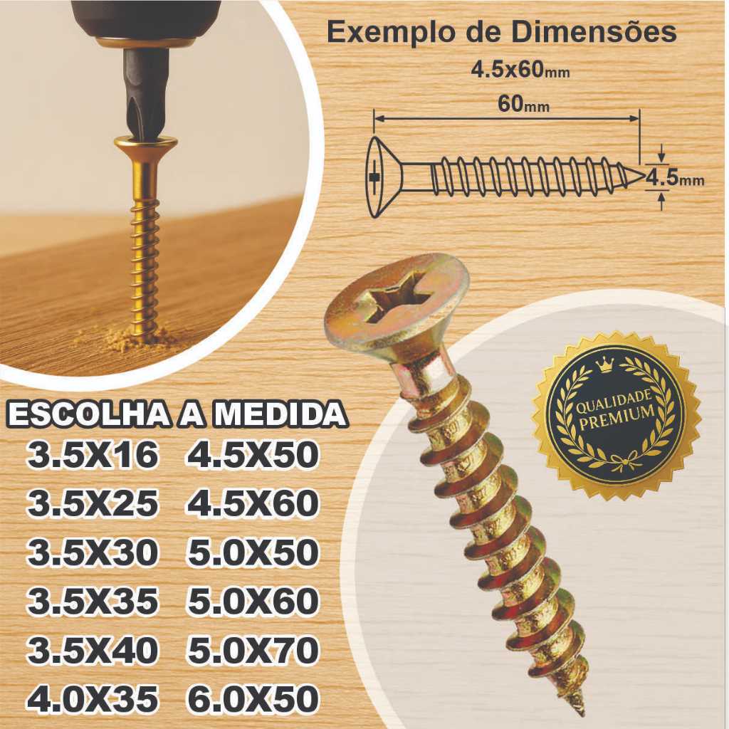 Caixa Parafuso Chipboard Phillips Cabeça Chata 3,5×16 ao 6,0×50 Várias Medidas MDF Madeira Drywall