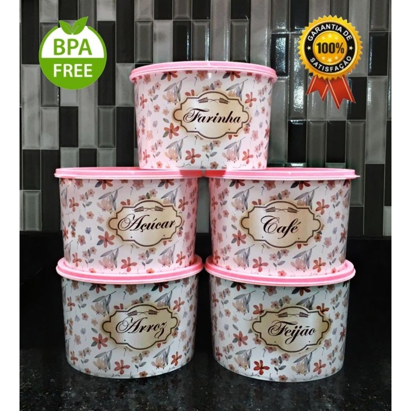 KIT JOGO DE MANTIMENTO 5 PEÇAS DECORADO  potes mantimentos armazenamento alimentos marmitas vasilhas
