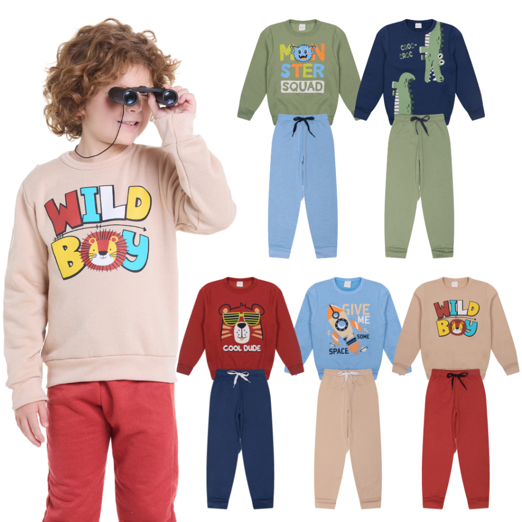 Conjunto de Moletom Infantil Menino Peluciado Inverno – Casaco + Calça 2 ao 8 anos