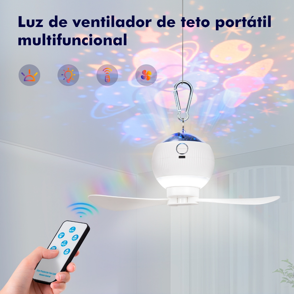 COIBEU Ventilador Portátil com Projetor de Planetas USB Recarregável e Controle Remoto para Ambiente