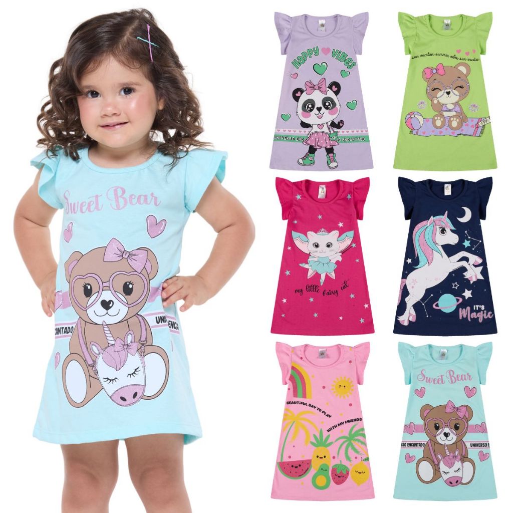 Kit 4 Vestido Bebe Menina Verão Estampados 100% Algodão com Mangas Franzidas – Kit Sortido Tamanhos