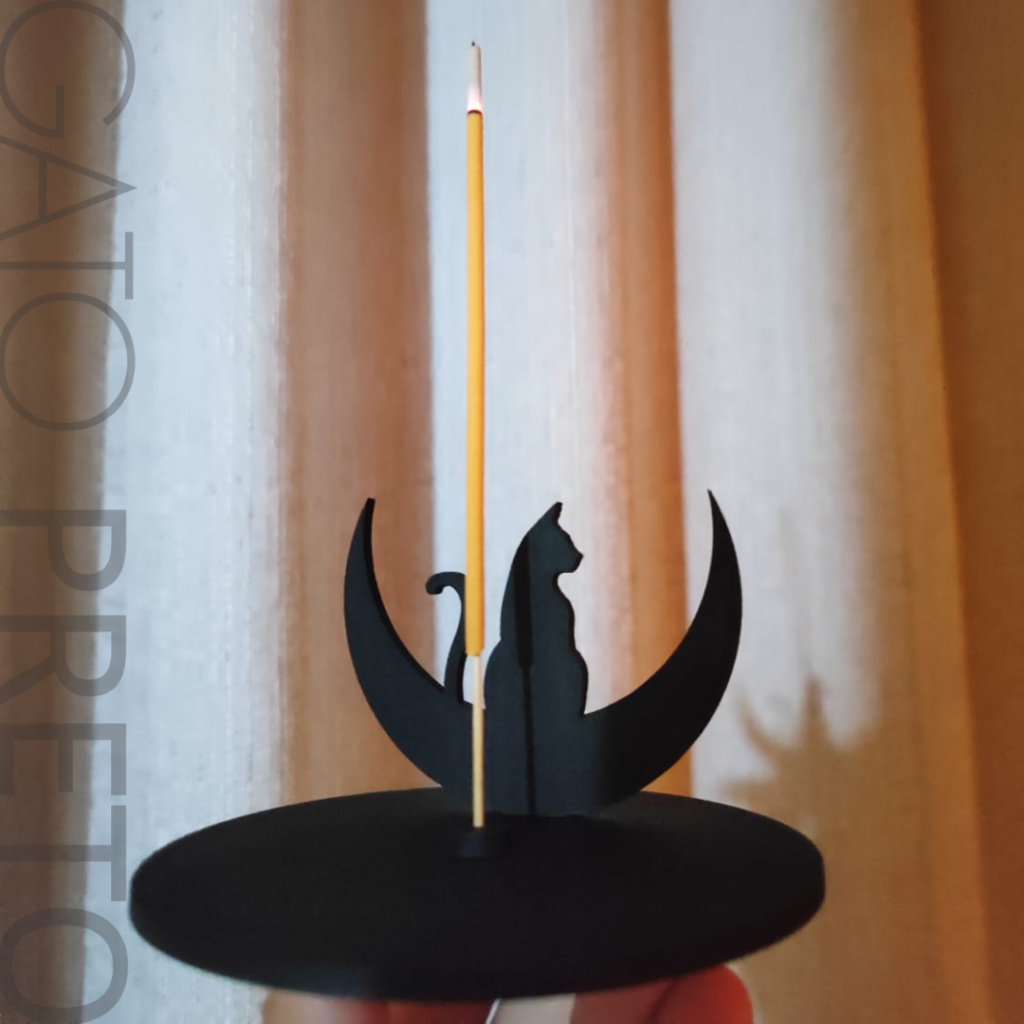 Porta Incenso Incensário Decorativo 3d Gato Mistico Signos Lua Madeira MDF Preto